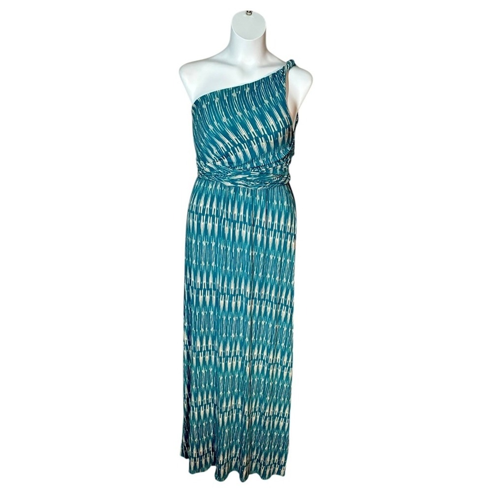 Tart Teal White One Shoulder Maxi Dress Abstract Stretch Resort Vacation M